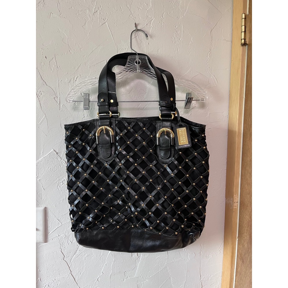 Badgley Mischka Black Leather Woven Studded Tote Bag Gold Hardware‎